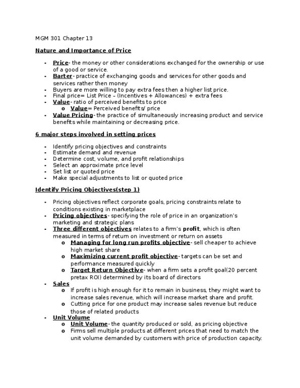 MGM 301 Lecture Notes - Lecture 4: Variable Cost, Eure, Oligopoly thumbnail