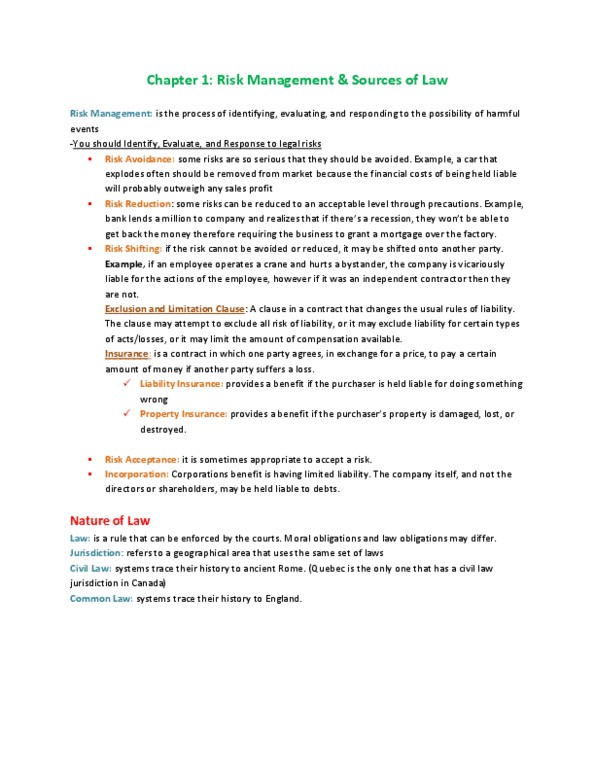 LAW 122 Chapter 1: Chapter 1 Risk Management & Sources of Law thumbnail