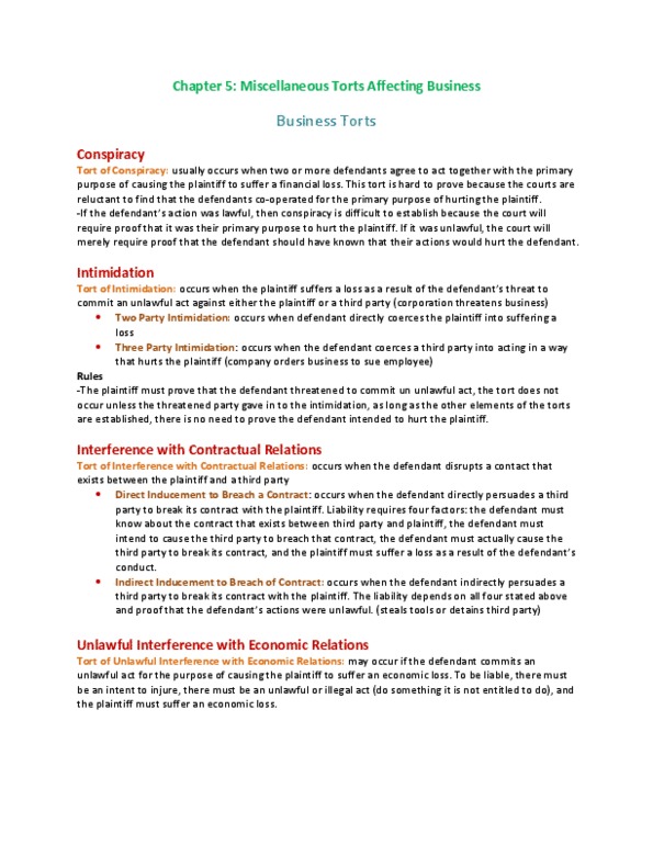 LAW 122 Chapter 5: Chapter 5 Miscellaneous Torts Affecting Business thumbnail