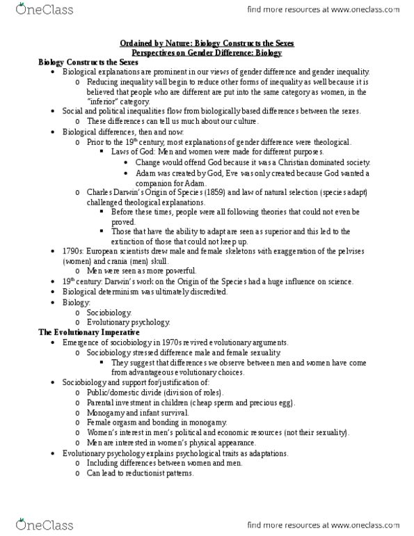 SOC 2104 Lecture Notes - Lecture 3: Estrous Cycle, Parental Investment, Biological Determinism thumbnail