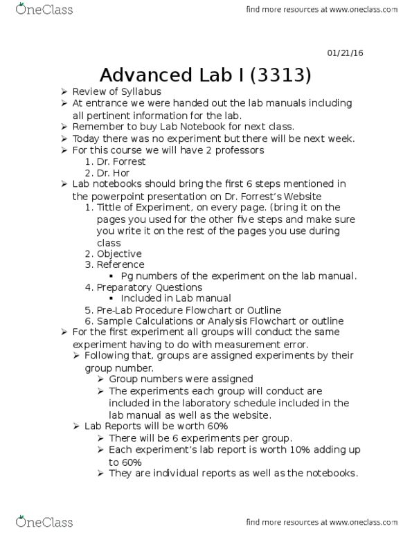 PHYS 3313 Lecture Notes - Lecture 1: Blackboard, Lab Notebook, Turnitin thumbnail