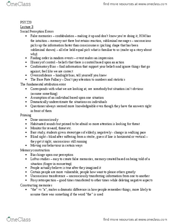 PSY220H5 Lecture Notes - Lecture 3: Fundamental Attribution Error, Determinative, Habituation thumbnail