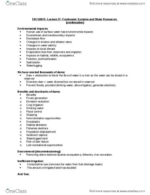 ENV100Y5 Lecture Notes - Lecture 37: Groundwater Pollution, Diversion Dam, Eutrophication thumbnail