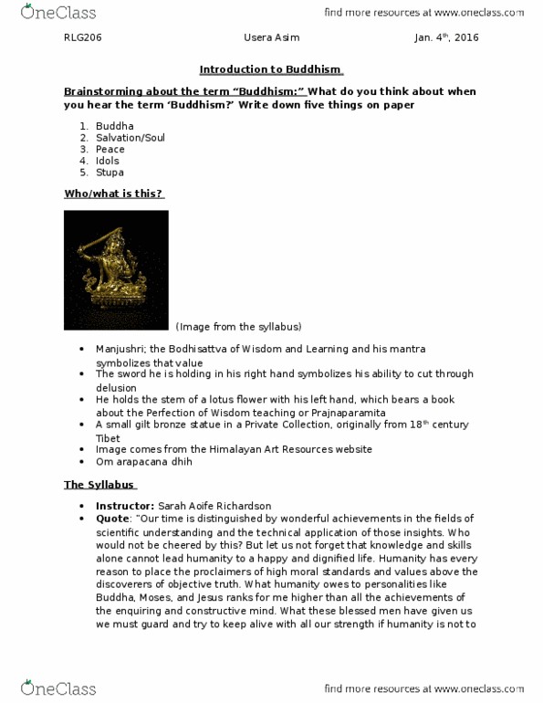 RLG206H5 Lecture Notes - Lecture 1: Turnitin, Sand Mandala, Manjushri thumbnail