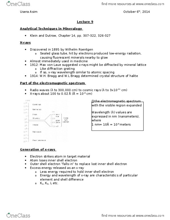 ERS201H5 Lecture Notes - Lecture 9: Photographic Film, Diffraction Grating, Electron Microprobe thumbnail