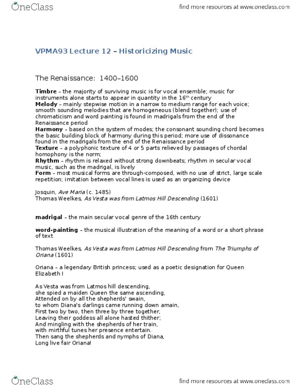 VPMA93H3 Lecture Notes - Lecture 12: Thomas Weelkes, Antonio Vivaldi, Keyboard Instrument thumbnail