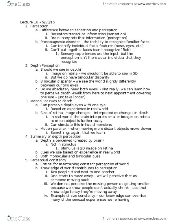 U09 Psych 100 Lecture Notes - Lecture 16: Ames Room, Prosopagnosia, Retina thumbnail