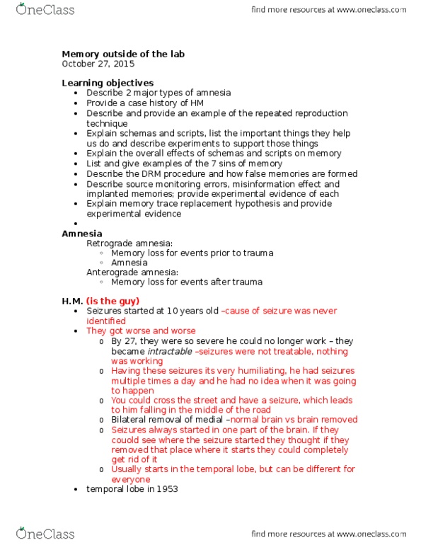 PSY270H5 Lecture Notes - Lecture 7: Temporal Lobe, Retrograde Amnesia, Anterograde Amnesia thumbnail