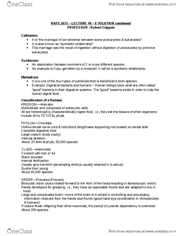 NATS 1675 Lecture Notes - Lecture 6: Foramen Magnum, Mitochondrion, Notochord thumbnail