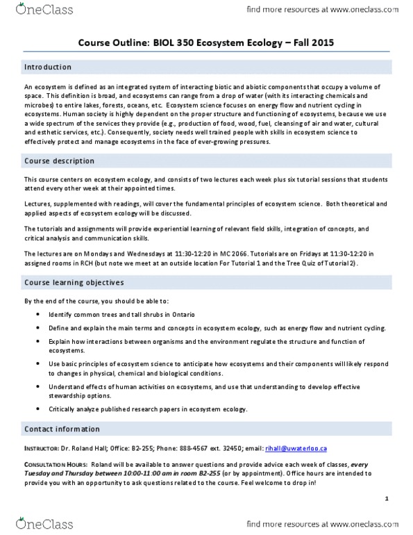 BIOL350 Lecture Notes - Lecture 9: Ecosystem Ecology, International Standard Book Number, Presentation Of A Group thumbnail