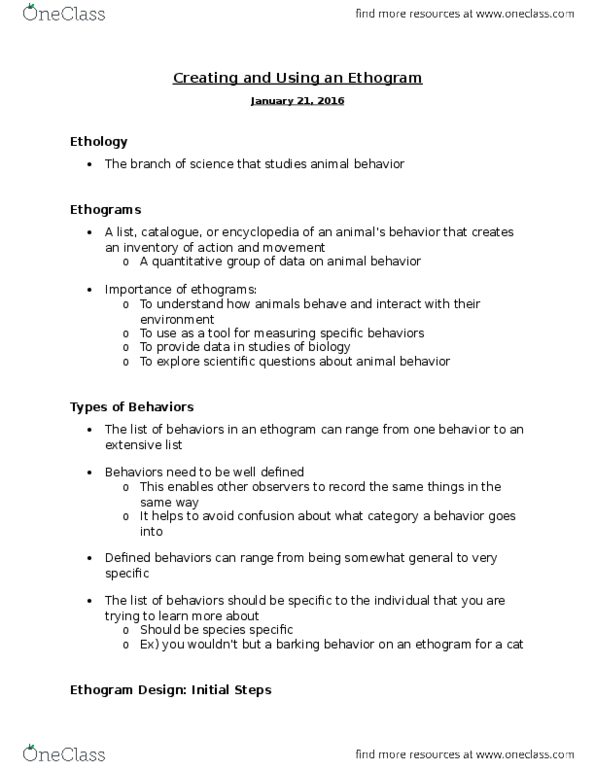 ANS 4932 Lecture Notes - Lecture 4: Ethology, Ethogram thumbnail