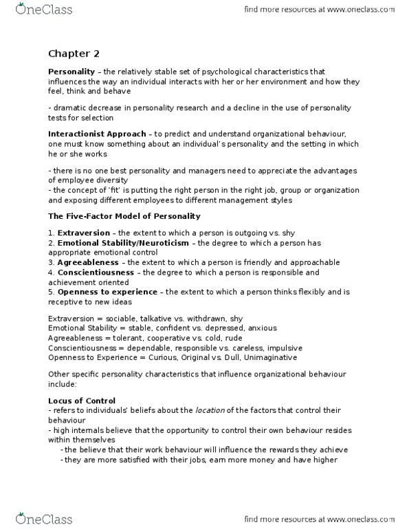 BU288 Chapter Notes - Chapter 2: Conscientiousness, Extraversion And Introversion, Normative Social Influence thumbnail