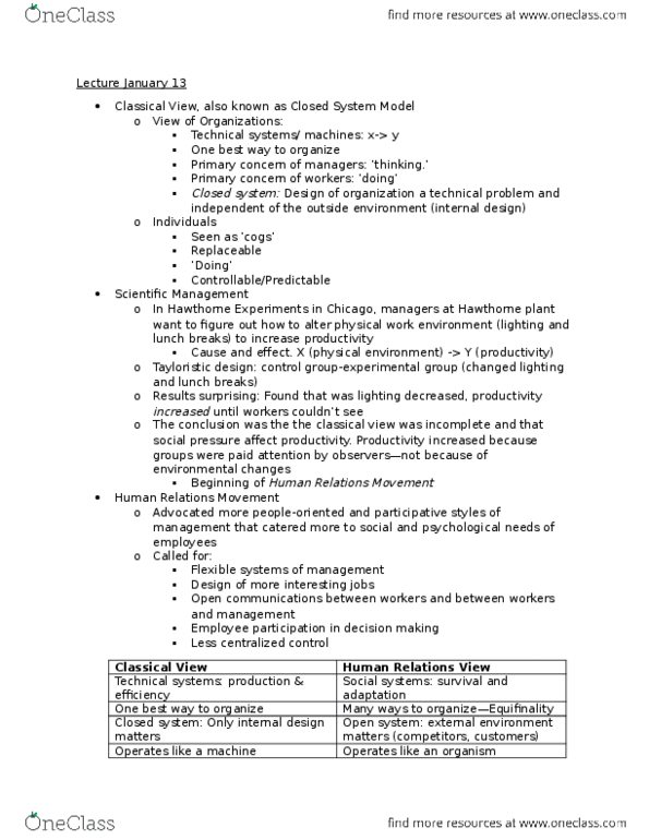 MGCR 222 Lecture Notes - Lecture 2: Hawthorne Effect, Closed System, Human Relations Movement thumbnail