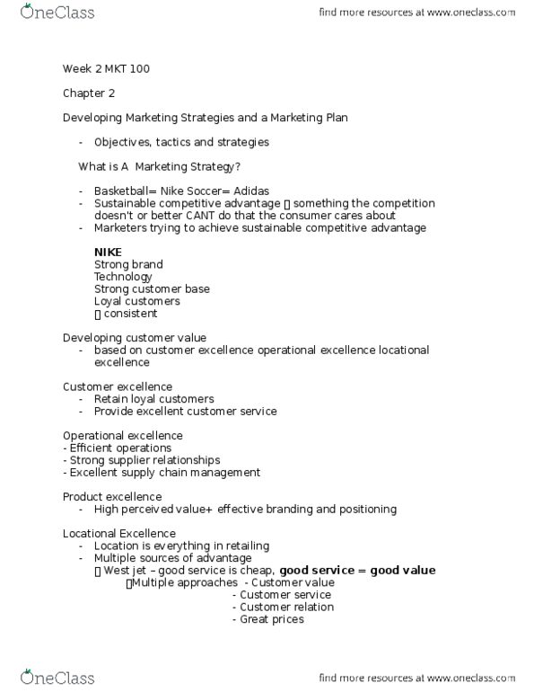 MKT 100 Lecture Notes - Lecture 2: Customer Service, Operational Excellence, Competitive Advantage thumbnail