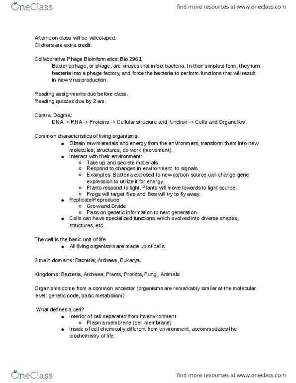 Biology And Biomedical Sciences BIOL 2960 Lecture Notes - Lecture 1: Eukaryote, Bacteriophage, Archaea thumbnail