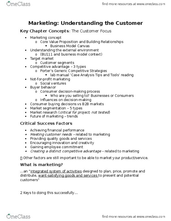 BU121 Lecture Notes - Lecture 7: Competitive Advantage, Target Market, Customer Relationship Management thumbnail