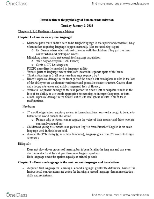 PSY274H5 Lecture Notes - Lecture 1: Arbitrariness, Human Communication, Vocal Tract thumbnail
