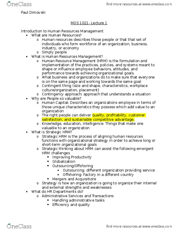 Management and Organizational Studies 1021A/B Lecture Notes - Lecture 1: Offshoring, Strategic Thinking, Outsourcing thumbnail