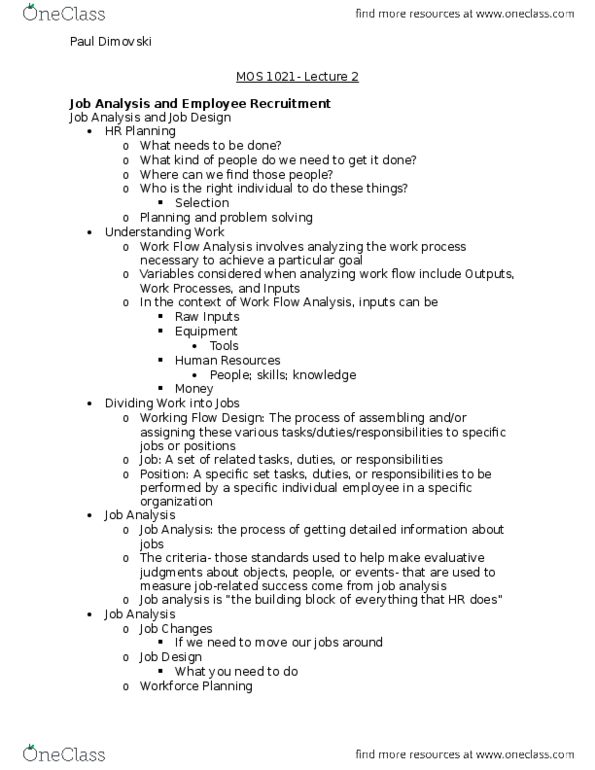 Management and Organizational Studies 1021A/B Lecture Notes - Lecture 2: Job Analysis, Paq, Job Satisfaction thumbnail