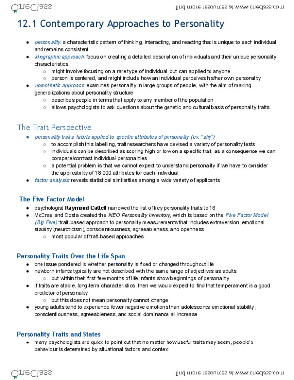 PSYA02H3 Chapter Notes - Chapter 12: Nomothetic, Factor Analysis, Big Five Personality Traits thumbnail