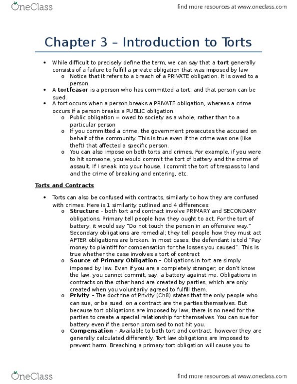 LAW 122 Chapter Notes - Chapter 3: General Idea, Intentional Tort, Liability Insurance thumbnail
