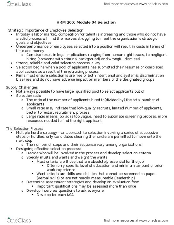 HRM200 Lecture Notes - Lecture 4: Essential Selection, Work Sampling, Content Validity thumbnail