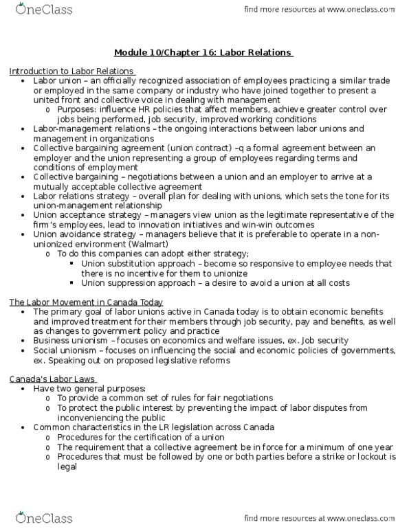 HRM200 Lecture Notes - Lecture 10: Union Representative, Bargaining Unit, Job Security thumbnail