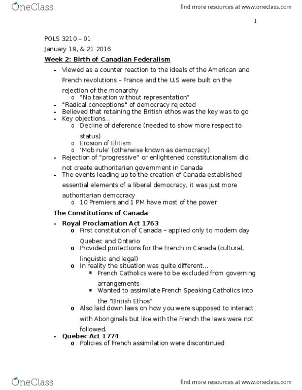 POLS 3210 Lecture Notes - Lecture 2: Parliament Of The United Kingdom, Constitutional Act 1791, Report On The Affairs Of British North America thumbnail