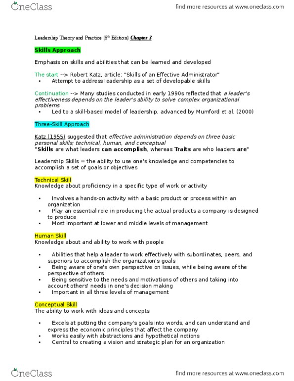 HROB 2010 Chapter Notes - Chapter 3: Robert Katz, Middle Management, Problem Solving thumbnail