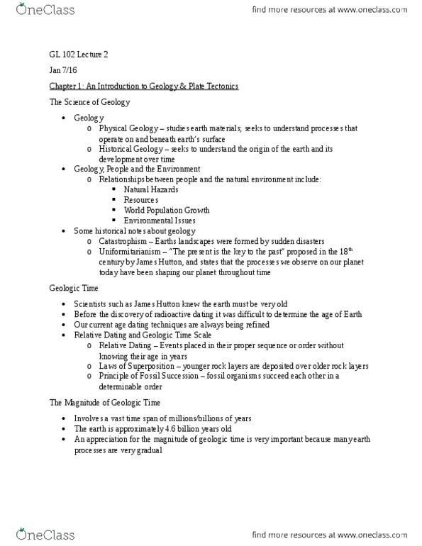 GL102 Lecture Notes - Lecture 2: James Hutton, Radiometric Dating, Hydrosphere thumbnail