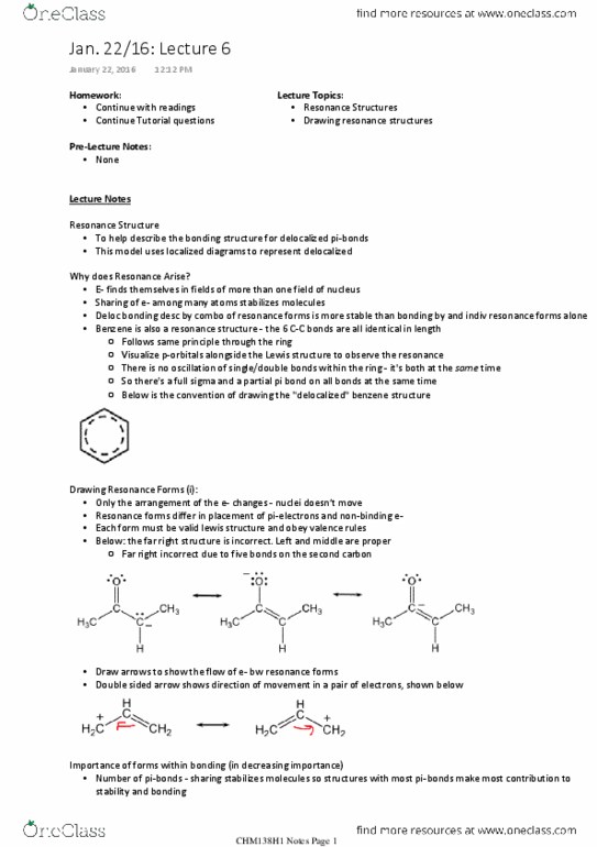 CHM136H1 Lecture Notes - Lecture 6: Lewis Structure, Pi Bond, Benzene thumbnail
