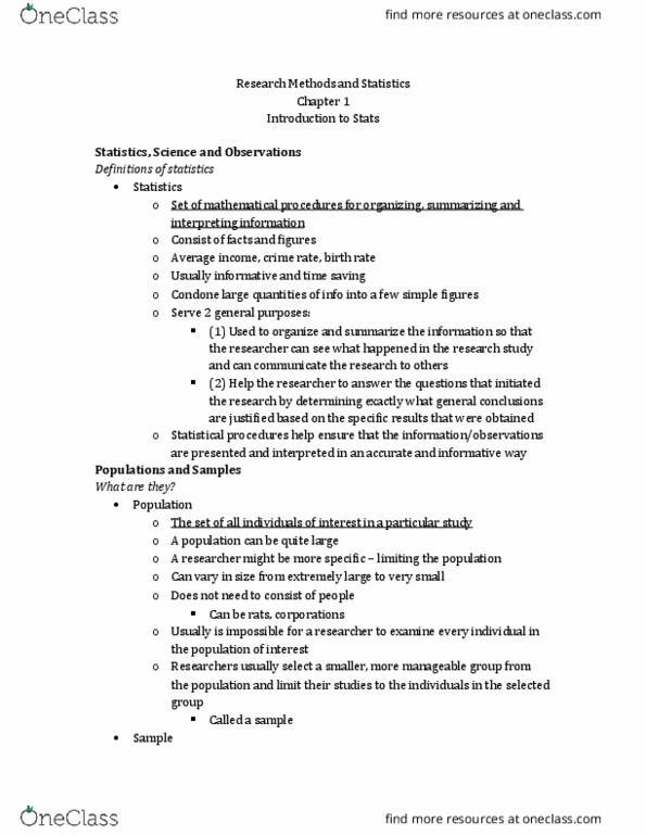 PSY 411 Chapter Notes - Chapter 1: Statistical Parameter, Statistic, Descriptive Statistics thumbnail