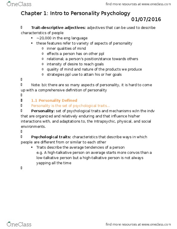 PSYB30H3 Chapter Notes - Chapter 1: Personality Psychology, Pangs, Psychophysiology thumbnail