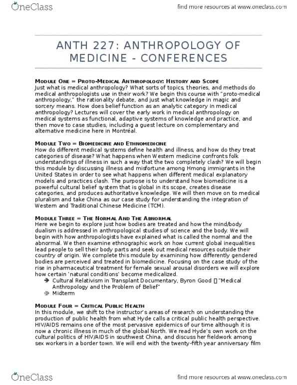 ANTH 227 Chapter Notes - Chapter 1-5: Medical Anthropology, Biomedicine, Biopower thumbnail