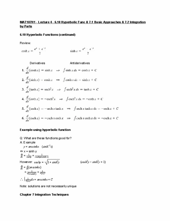 MAT136H1 Lecture Notes - Lecture 4: Inverse Hyperbolic Function, Product Rule, Mnemonic thumbnail