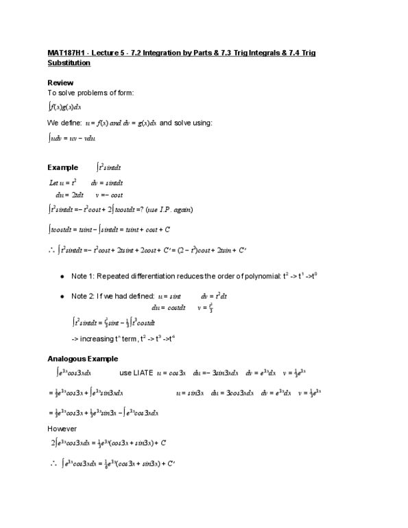 MAT136H1 Lecture Notes - Lecture 5: Formula D, Integrating Factor thumbnail