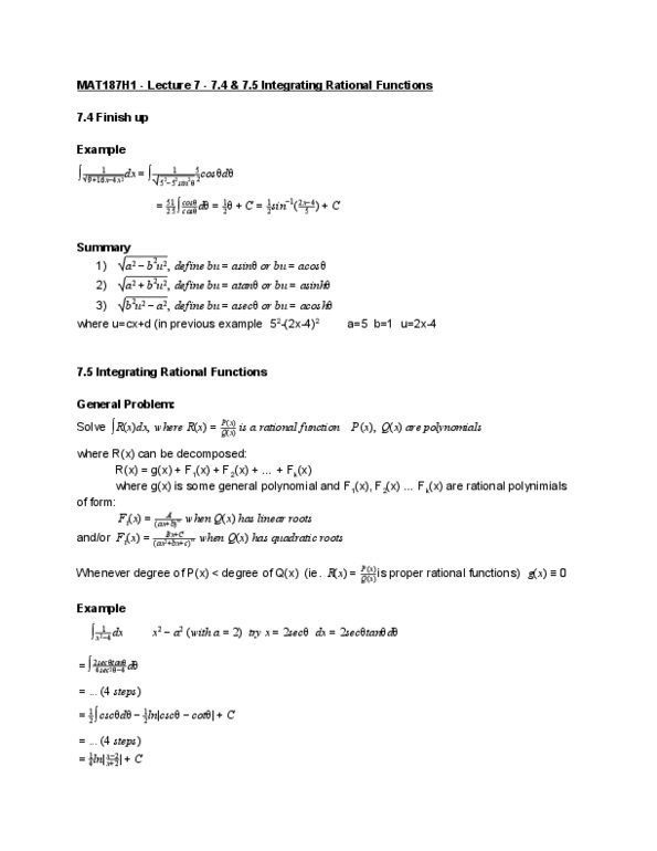MAT136H1 Lecture Notes - Lecture 7: Partial Fraction Decomposition thumbnail
