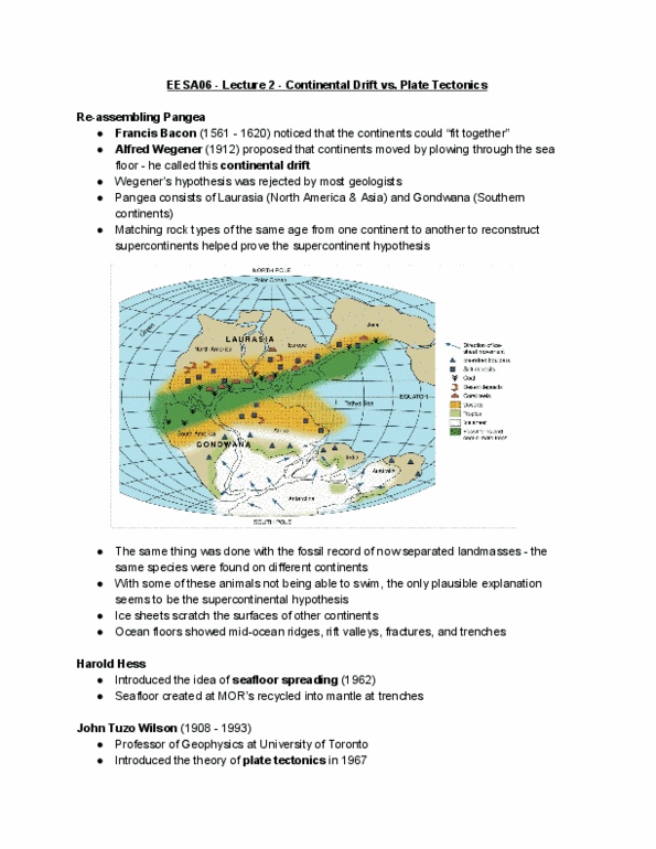 EESA06H3 Lecture Notes - Lecture 2: Continental Drift, Plate Tectonics, Laurasia thumbnail
