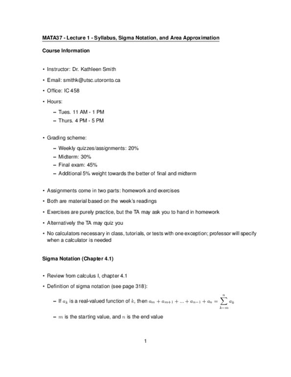 MATA37H3 Lecture Notes - Lecture 1: Summation, Associative Property, Riemann Sum thumbnail