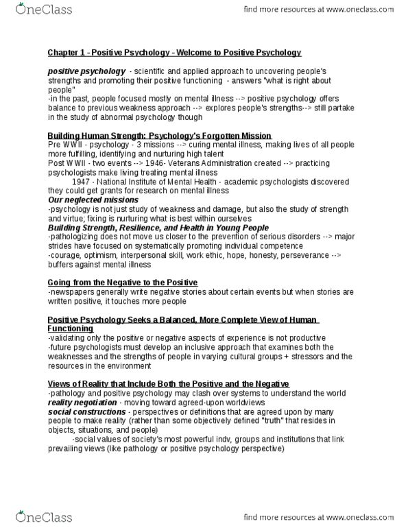 PSYCH 3BA3 Chapter Notes - Chapter 1: Positive Psychology, Abnormal Psychology, Where We Are thumbnail
