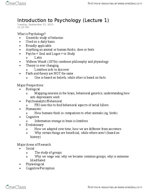 PSY100Y5 Lecture Notes - Lecture 1: Wilhelm Wundt, Wage War, Sq3R thumbnail