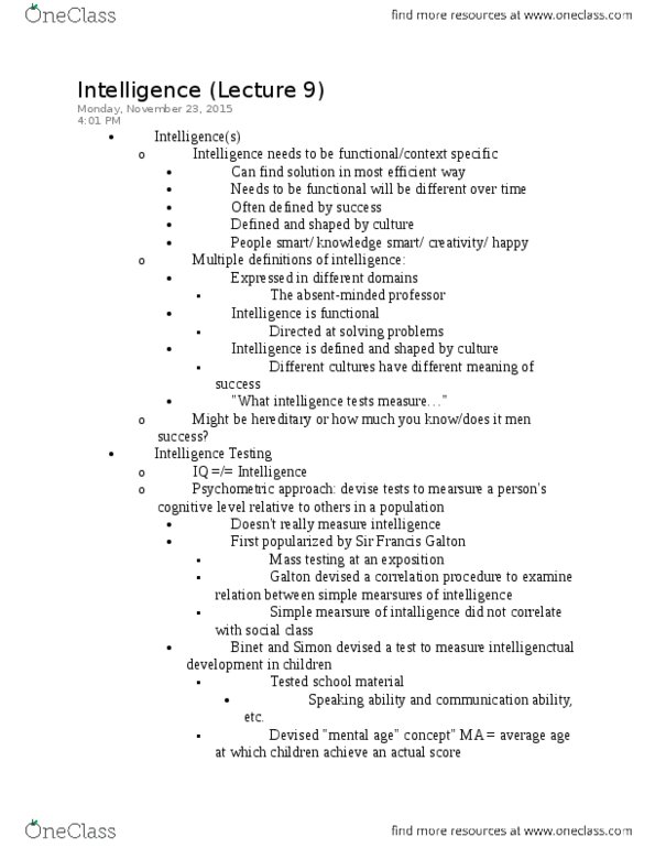 PSY100Y5 Lecture Notes - Lecture 9: Intelligence Quotient, Knowledge Base, Theory Of Multiple Intelligences thumbnail