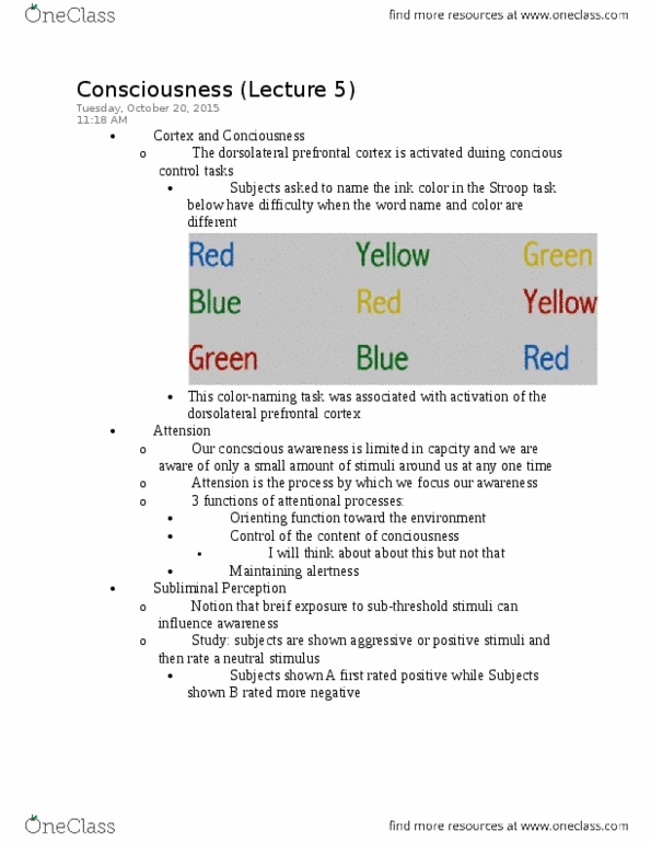PSY100Y5 Lecture Notes - Lecture 5: Stroop Effect, Frontal Lobe, Hindbrain thumbnail