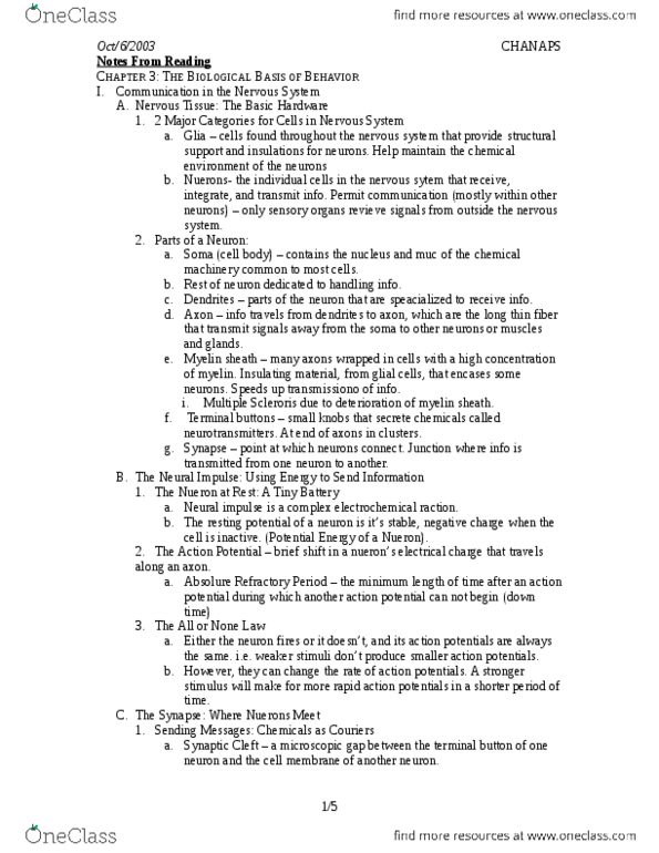 PSY100Y5 Chapter Notes - Chapter 3: Myelin, Axon Terminal, Neuroglia thumbnail