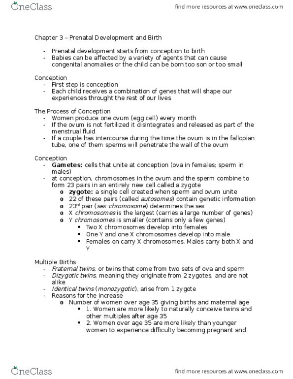 SDS150R Chapter Notes - Chapter 3: Prenatal Development, Human Reproduction, Congenital Disorder thumbnail