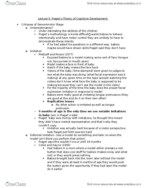 PSYCH 2AA3 Lecture Notes - Lecture 5: Object Permanence, Puzzle Video Game, 18 Months thumbnail