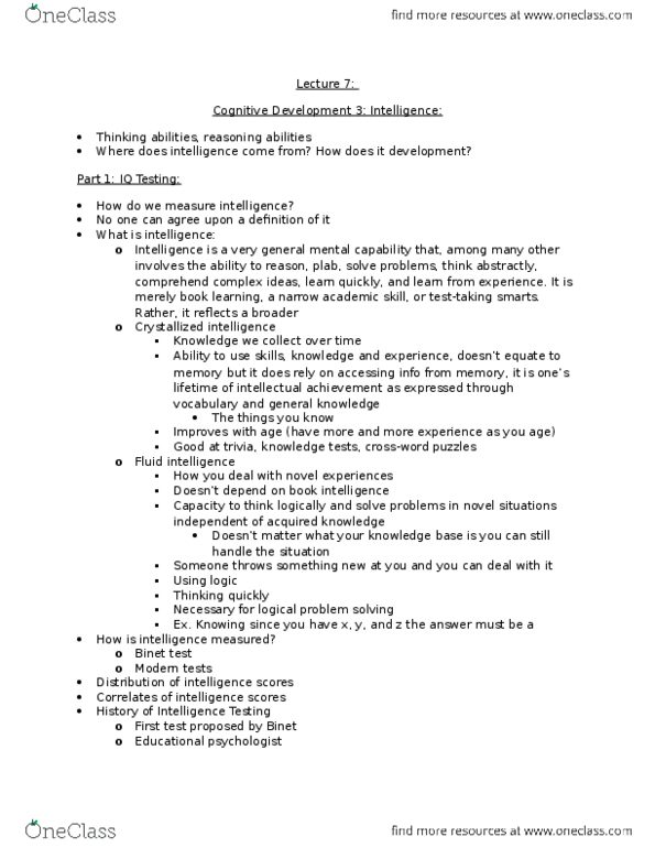 PSYCH 2AA3 Lecture Notes - Lecture 7: Mental Age, Educational Psychologist, Fluid And Crystallized Intelligence thumbnail