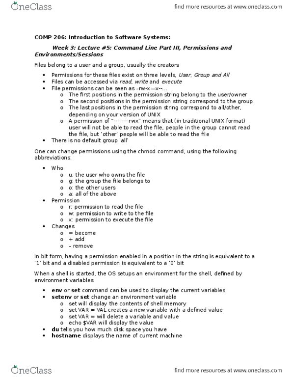 COMP 206 Lecture Notes - Lecture 5: File System Permissions, Chmod, Environment Variable thumbnail