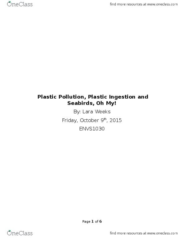 ENVS 1030 Chapter Notes - Chapter 1: Plastic Pollution, Polyvinyl Chloride, Polychlorinated Biphenyl thumbnail