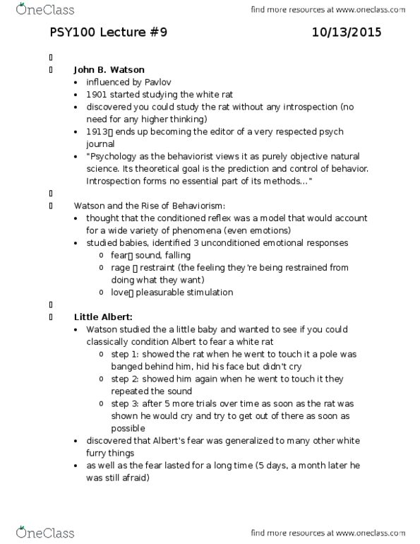 PSY100H1 Lecture Notes - Lecture 9: Little Albert Experiment, Classical Conditioning, Behaviorism thumbnail